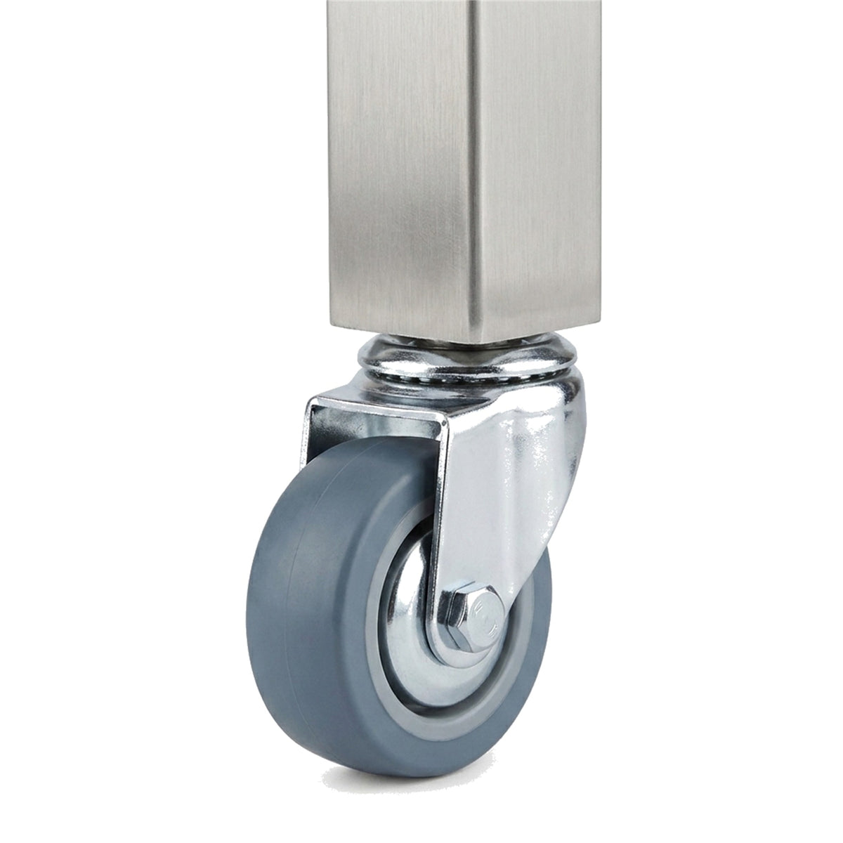 Roulette inox montée dans le pied tube carré d une table inox professionnelle