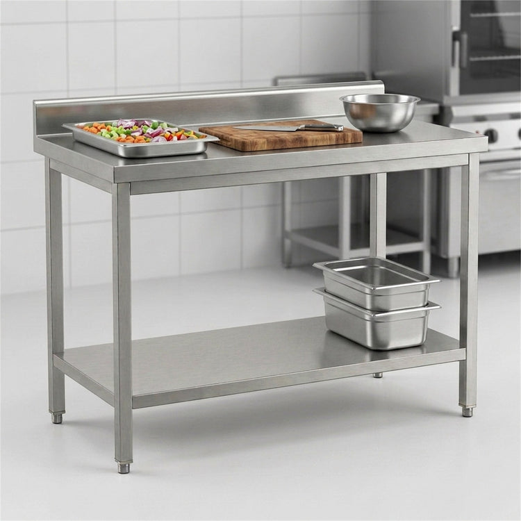 Table de travail inox professionnelle en poste de préparation dans une cuisine professionnelle