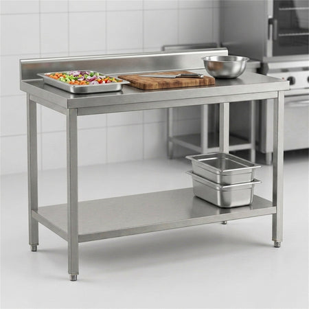 Table de travail inox professionnelle en poste de préparation dans une cuisine professionnelle