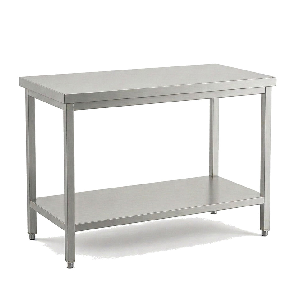 Table de travail inox professionnelle 1200 x 600 mm sans dosseret, étagère basse et pieds réglables