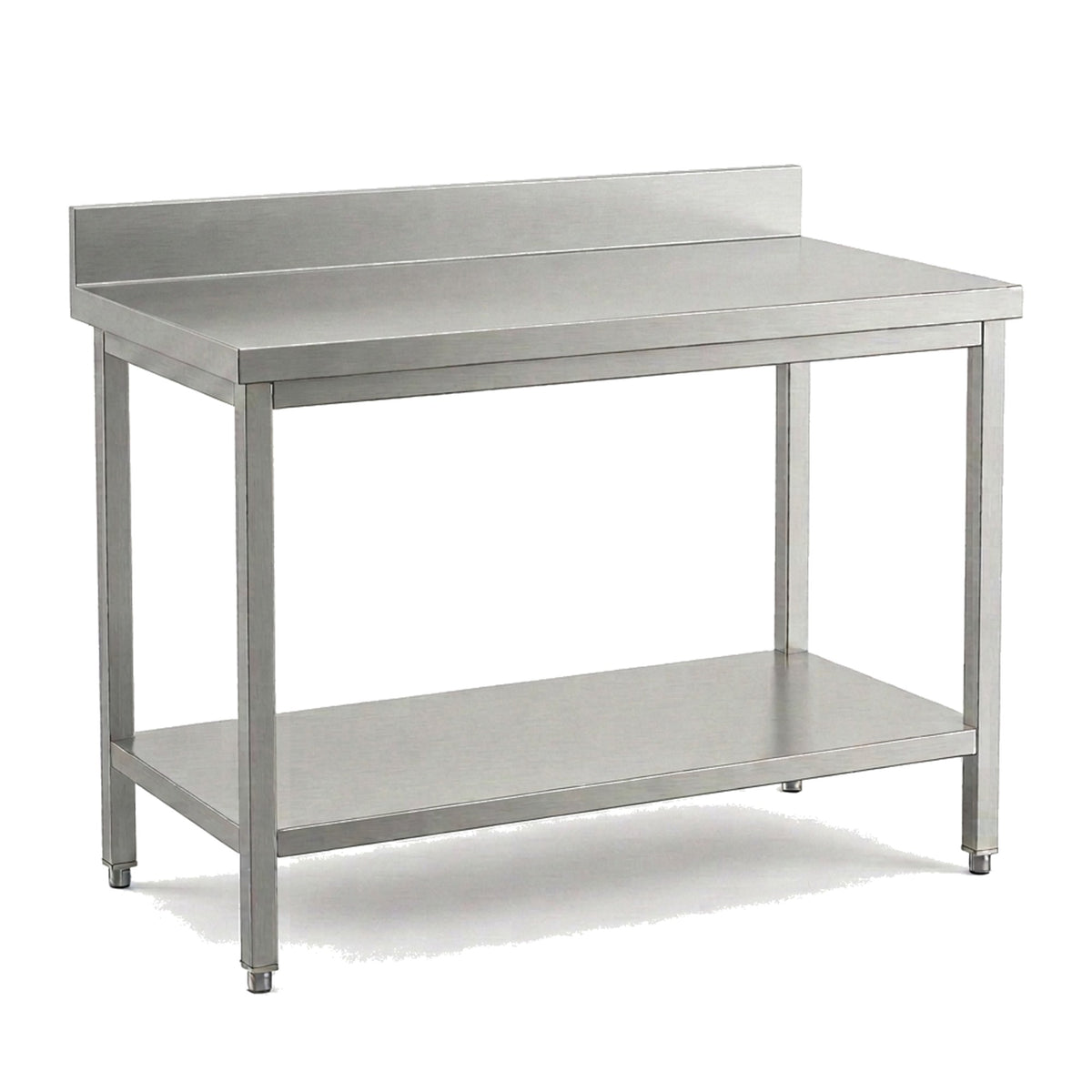 Table de travail inox professionnelle 1400 x 600 mm avec dosseret, étagère basse et pieds réglables
