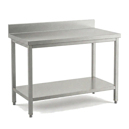 Table de travail inox professionnelle 1400 x 600 mm avec dosseret, étagère basse et pieds réglables