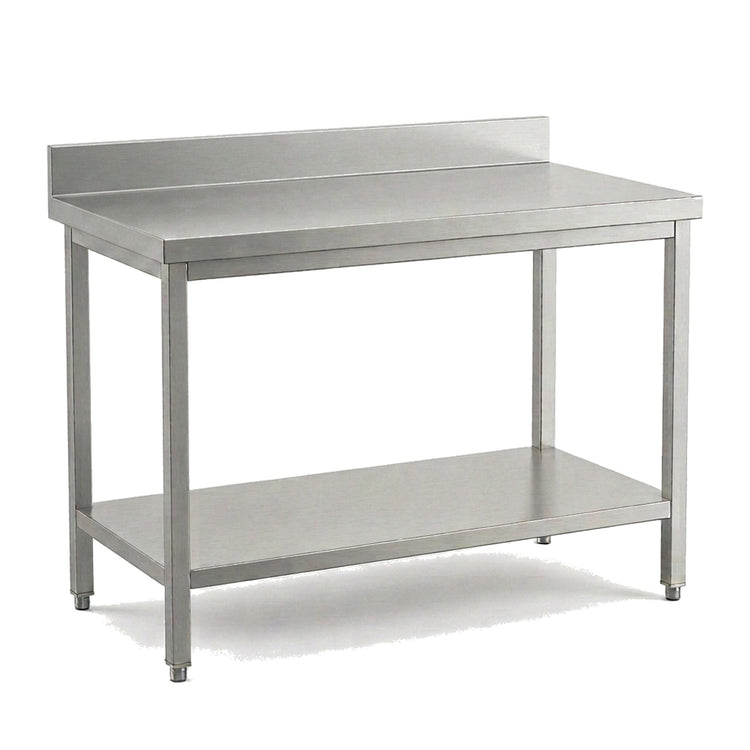 Table de travail inox professionnelle 1400 x 700 mm avec dosseret, étagère basse et pieds réglables