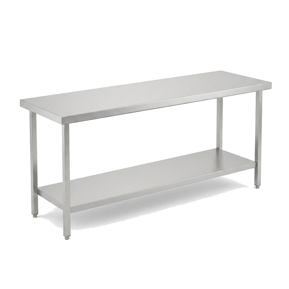 Table de travail inox professionnelle 2000 x 600 mm sans dosseret, étagère basse et pieds réglables
