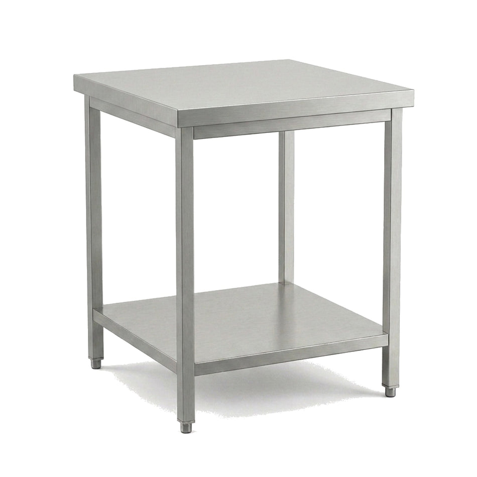 Table de travail inox professionnelle 600 x 600 mm sans dosseret, étagère basse et pieds réglables