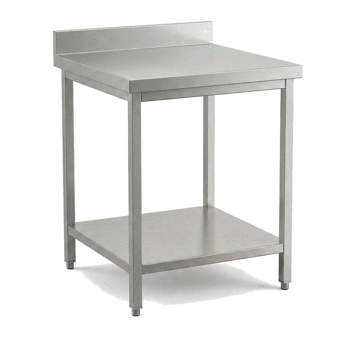 Table de travail inox professionnelle 600 x 600 mm avec dosseret, étagère basse et pieds réglables