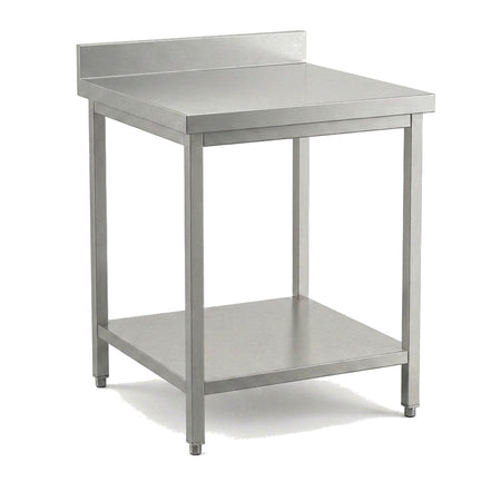 Table de travail inox professionnelle 600 x 600 mm avec dosseret, étagère basse et pieds réglables