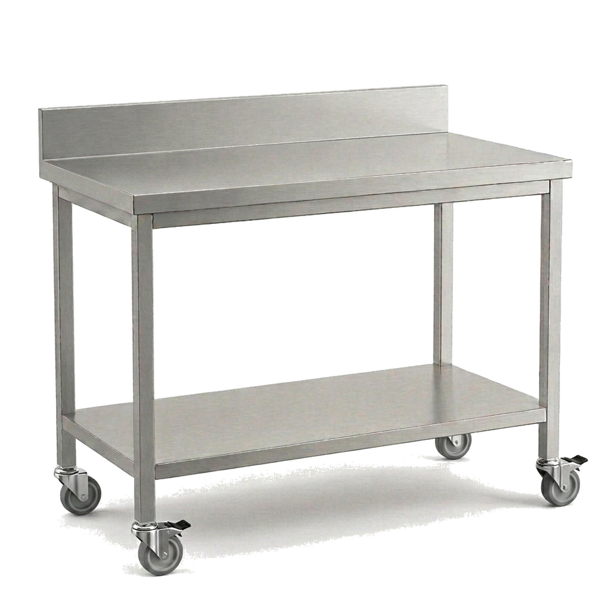 Table inox professionnelle équipée du kit 4 roulettes, 2 roulettes avant à frein