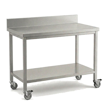 Table inox professionnelle équipée du kit 4 roulettes, 2 roulettes avant à frein